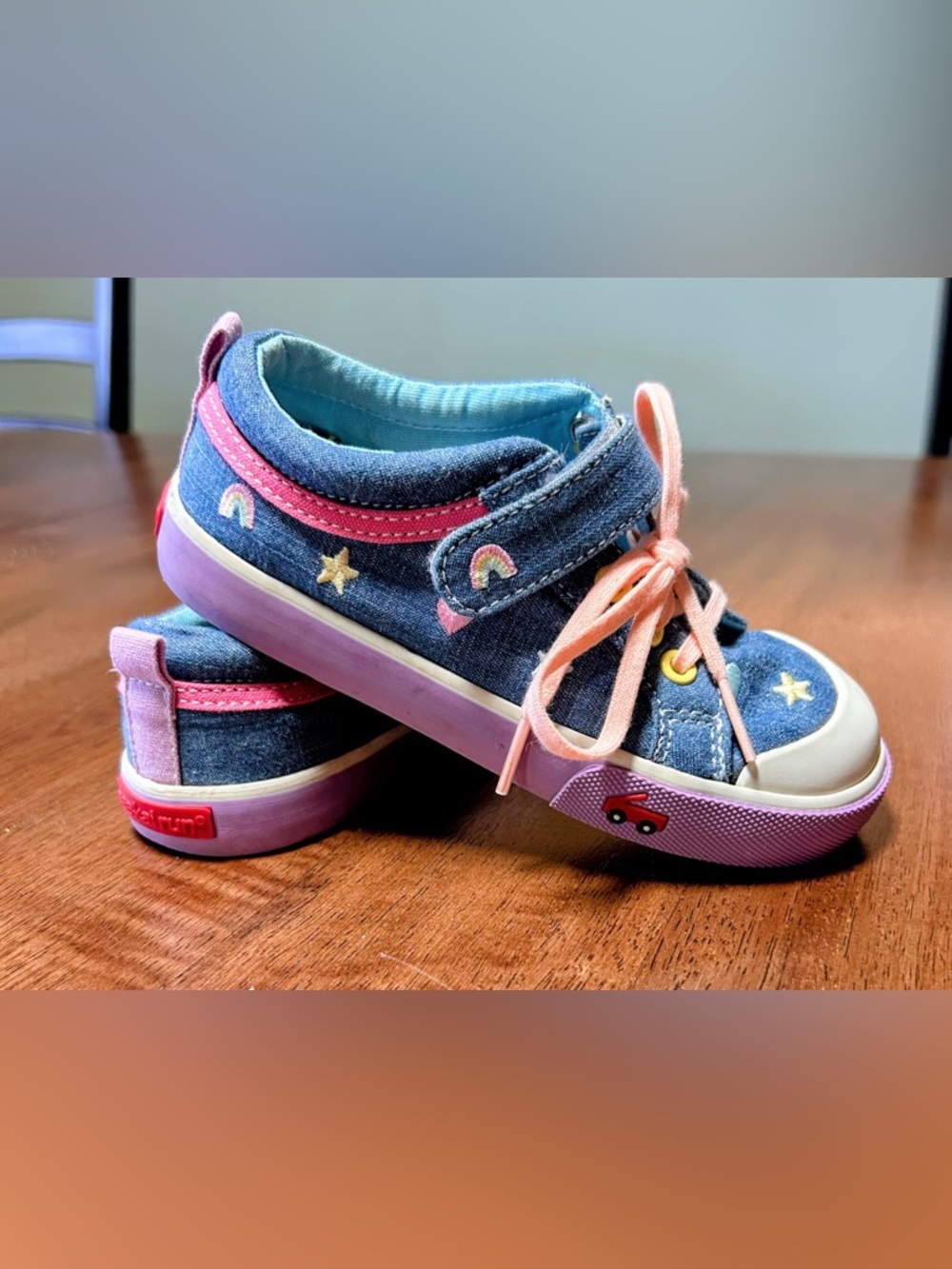 See Kai Run Kids’ Chambray Denim Rainbow & Star Sneakers - Toddler Size 10.5